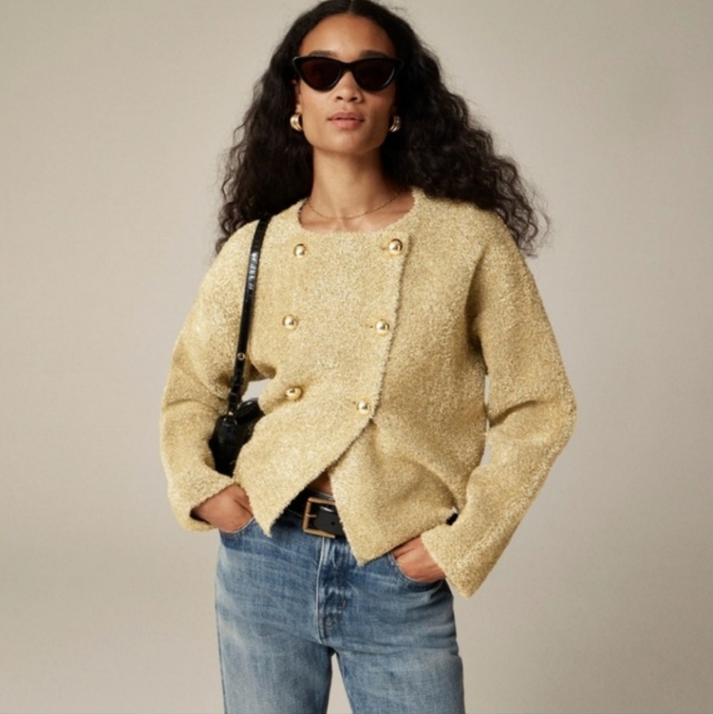 J. Crew‎ Oversized Double-Faced Metallic Jacket Gold Textured Knit Cardigan XS